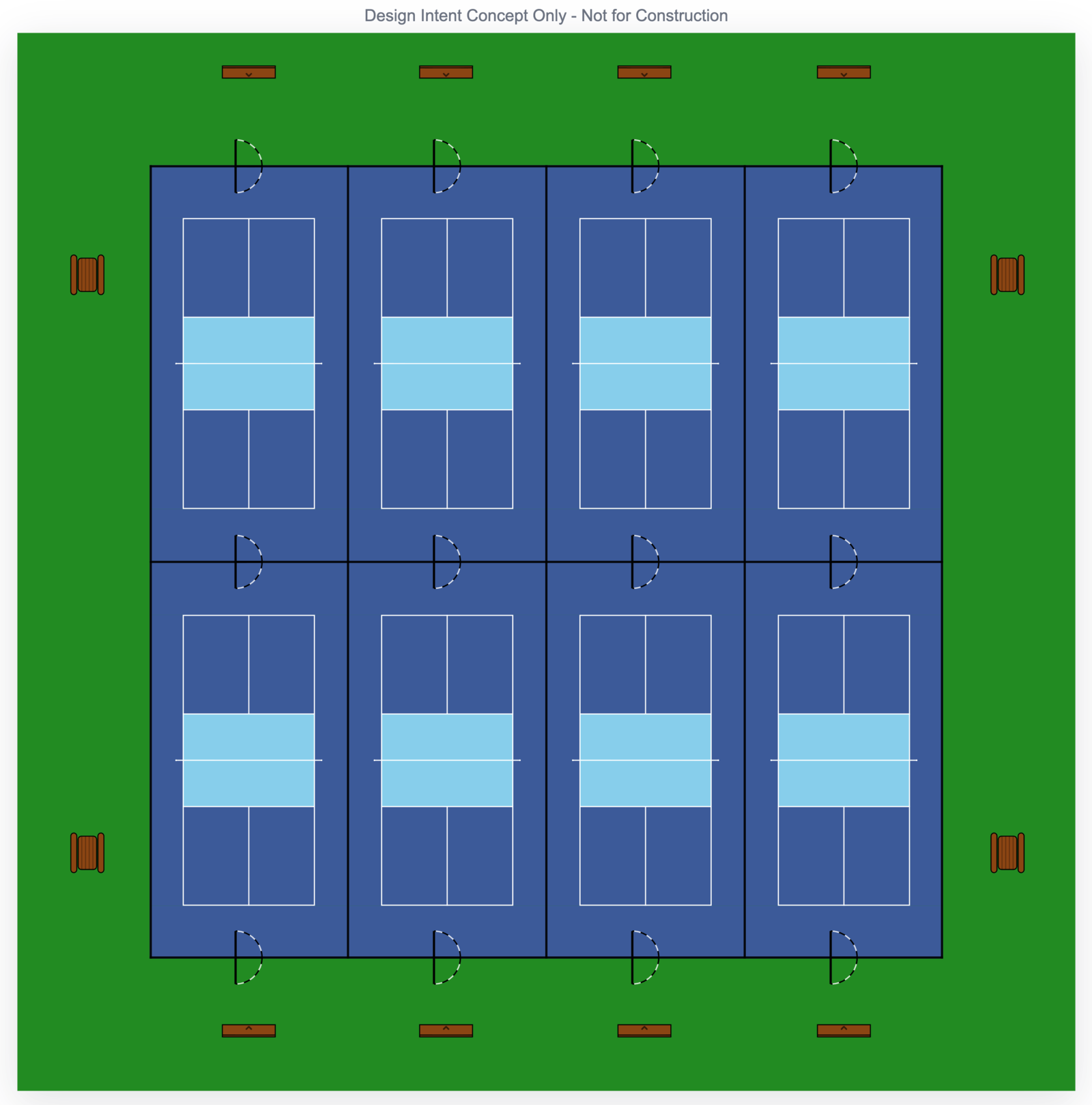 Courts-O-Rama 2D plan of the improved Peter Kirk Park layout: eight pickleball courts filling the square slab, four across and two deep, each fenced on all four sides, with no layout issues