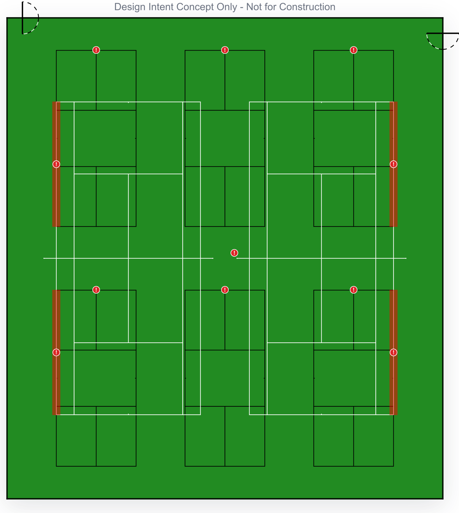 Courts-O-Rama 2D plan of the current Shoreview Park layout: six black-lined pickleball courts over two white-lined tennis courts, with the four places where a pickleball sideline runs along a tennis sideline highlighted
