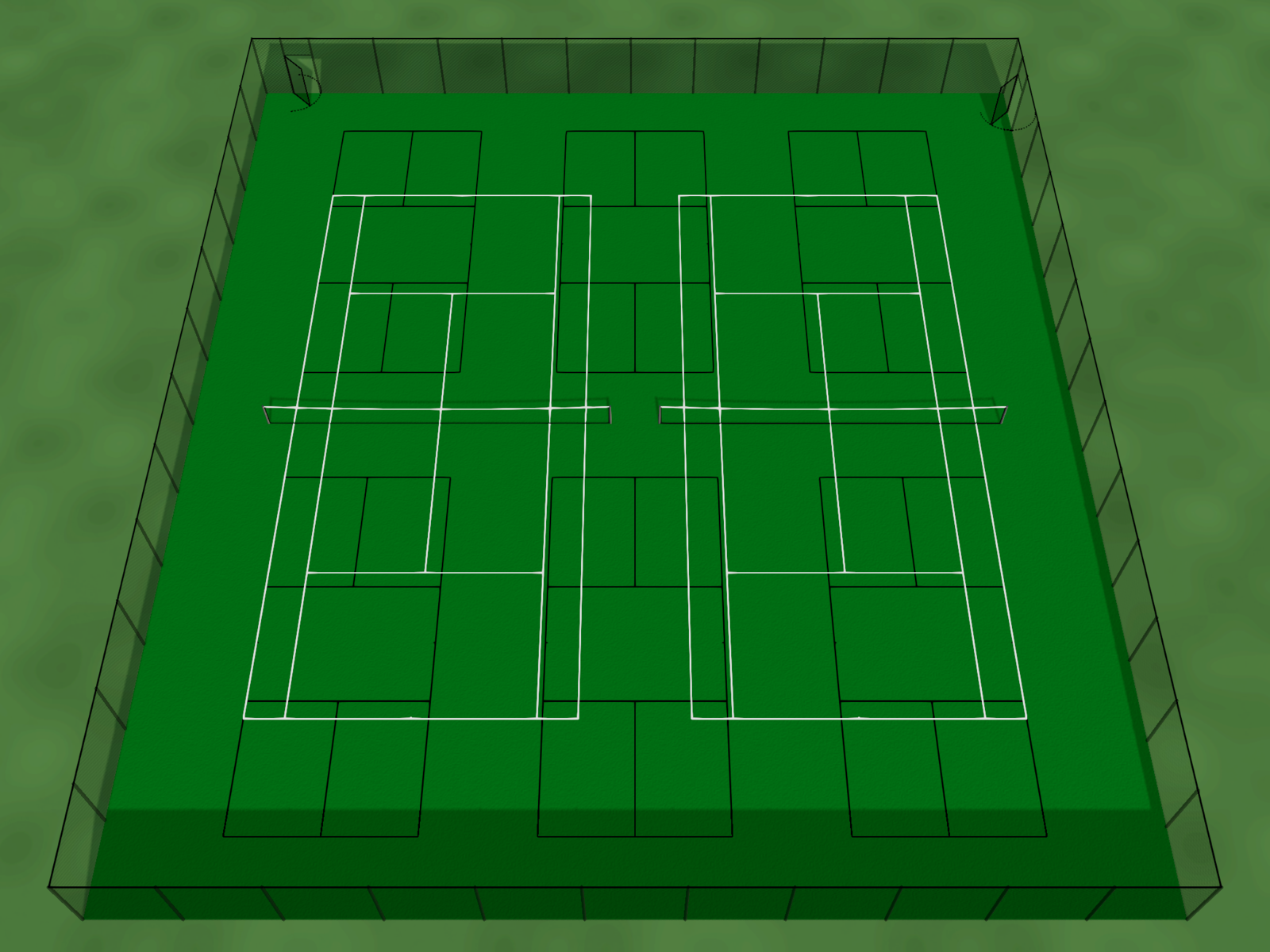 Courts-O-Rama 3D preview of the current Shoreview Park layout at 1:00 PM on March 20, the bottom perimeter fence's shadow lying across the black baselines of the bottom row of pickleball courts