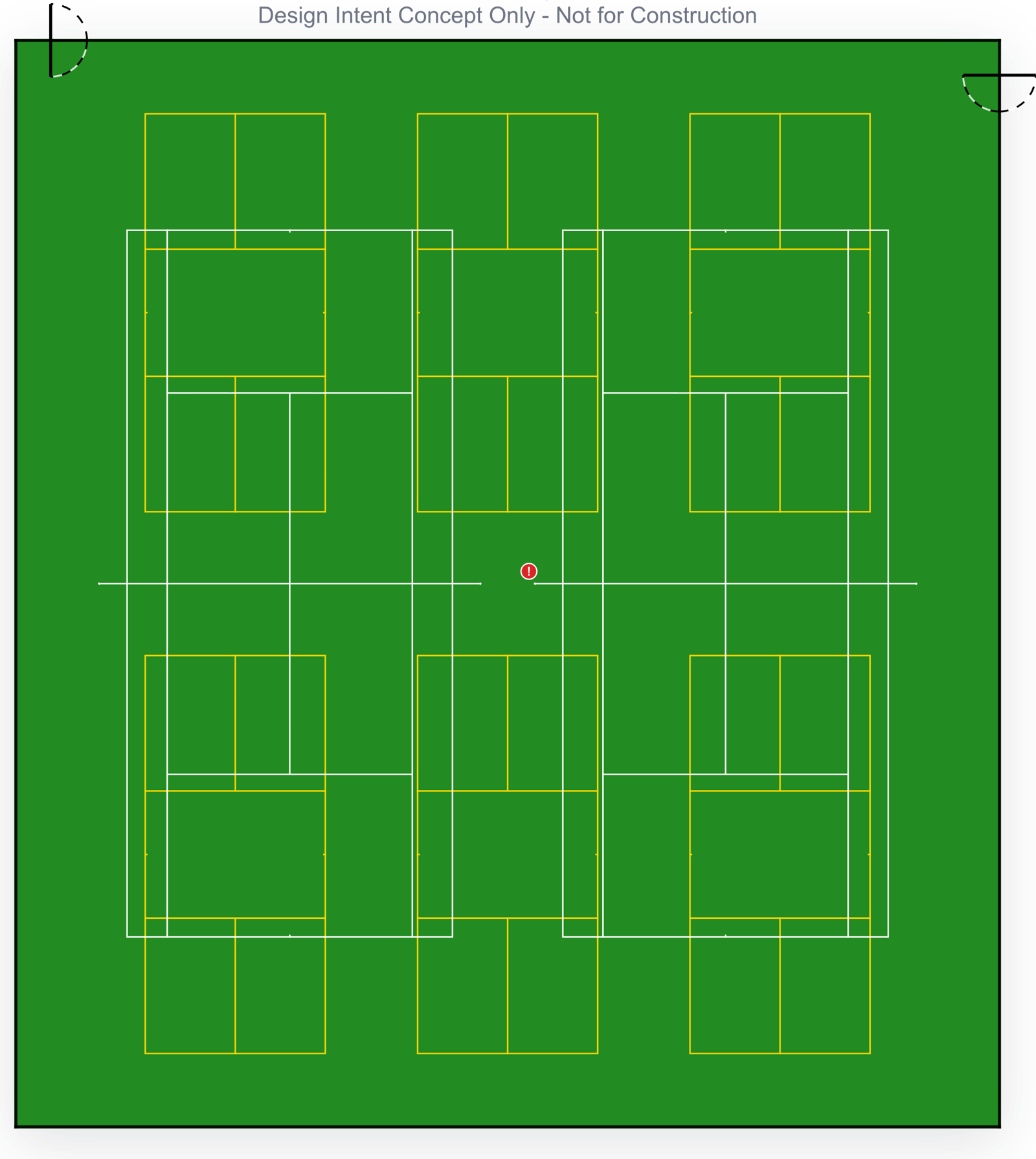 Courts-O-Rama 2D plan of the improved Shoreview Park layout: six yellow-lined pickleball courts over two white-lined tennis courts inside one fence, with no line-overlap issues