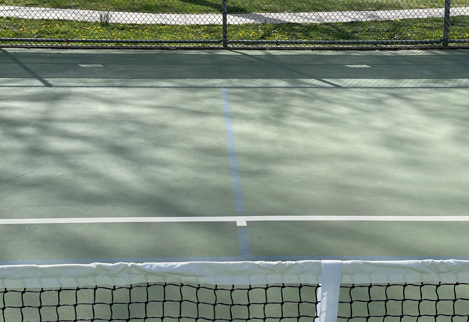 Photo over a pickleball net of a green court with blue pickleball lines. The blue centerline is clear in the sun, but the far baseline cannot be seen in the band of shadow from the chain-link fence behind it.