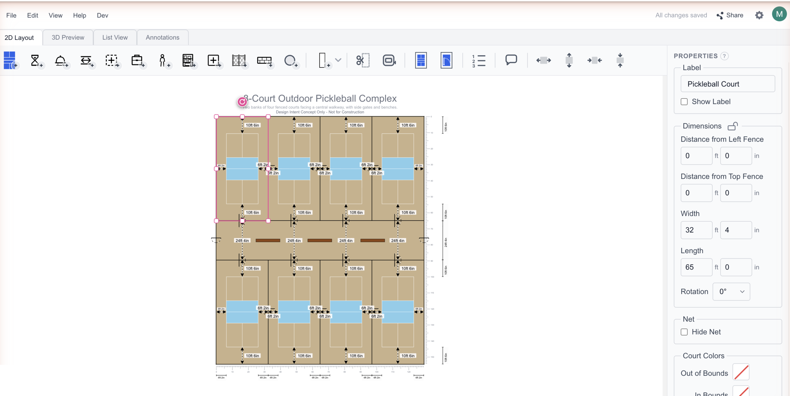 Courts-O-Rama 2D editor: an 8-court outdoor pickleball layout with a court selected and the properties panel open