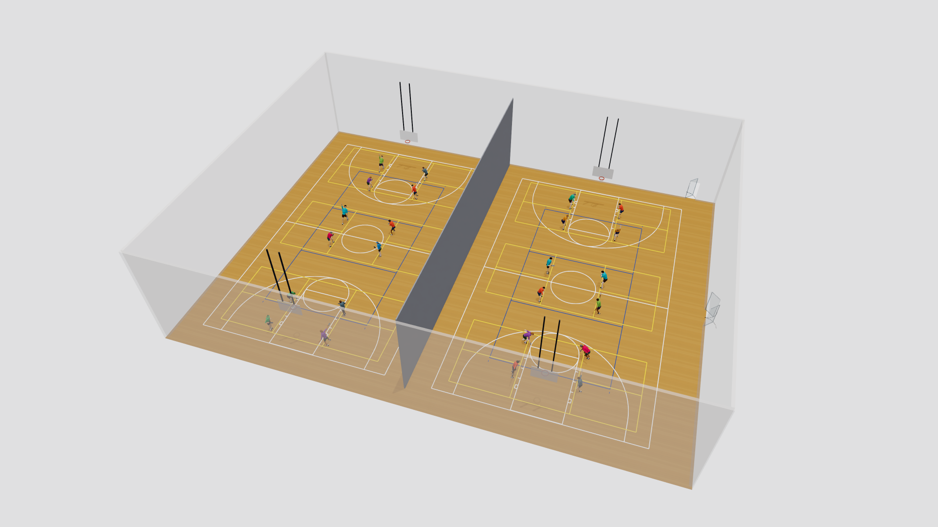 3D render of a multi-sport gym with two basketball courts, two volleyball courts and six pickleball courts sharing one wood floor under a hanging divider