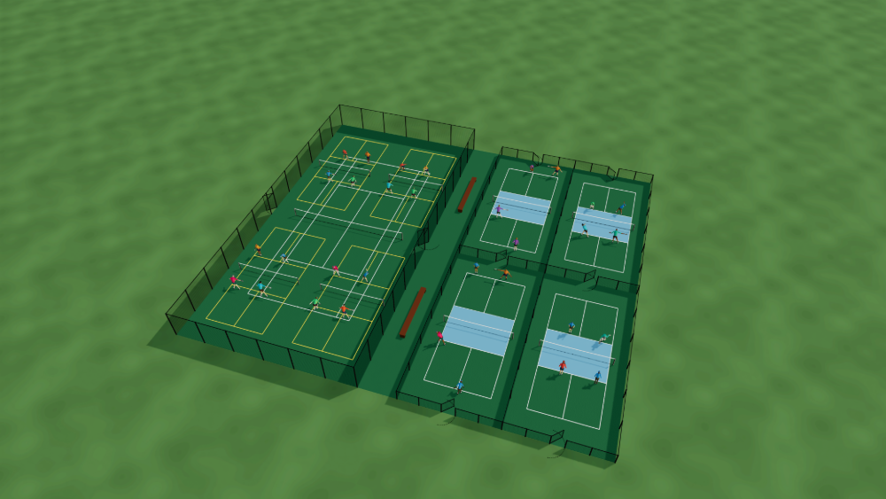 3D render of four dedicated fenced pickleball courts beside a tennis court carrying blended pickleball lines, the two groups split by a walkway