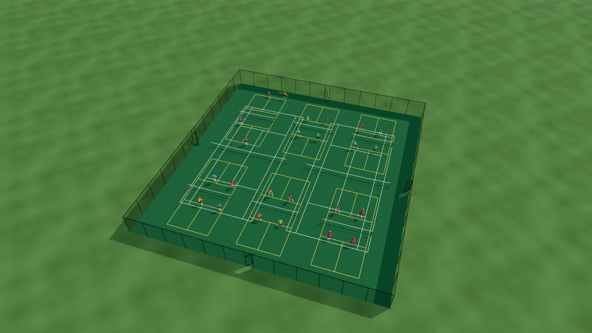 3D render of two side-by-side outdoor tennis courts with six yellow-lined pickleball courts painted over them, three across and two deep, inside one perimeter fence