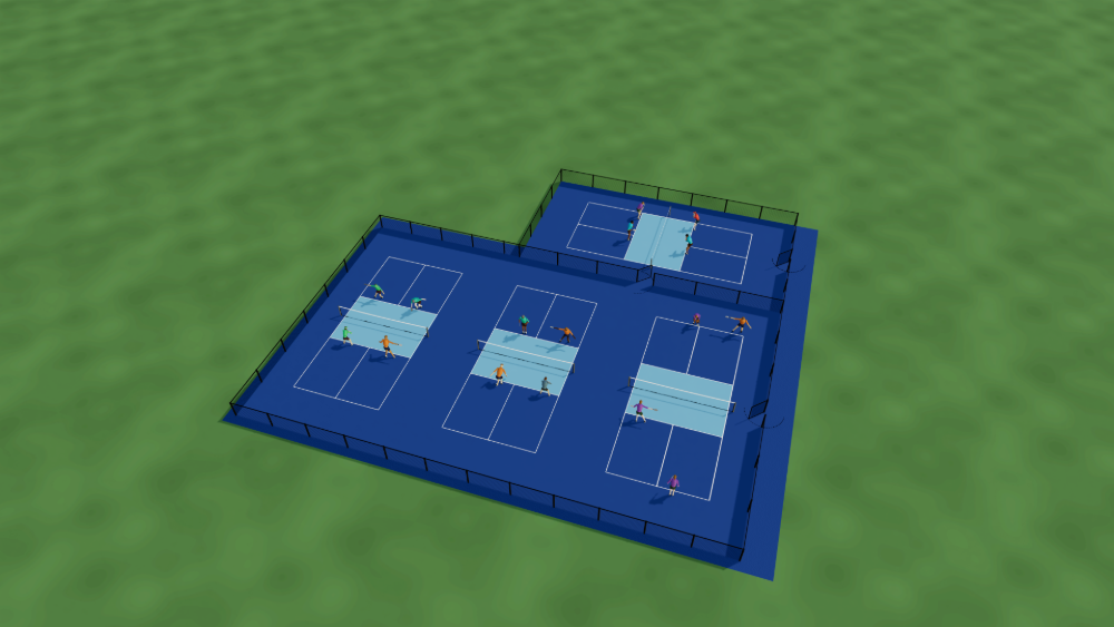 3D render of four fenced outdoor pickleball courts on an L-shaped lot, three side by side and one turned across the corner
